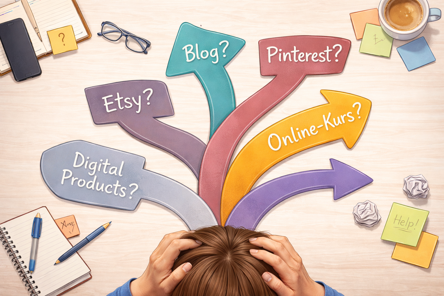 Person hält sich verzweifelt den Kopf, während verschiedene Pfeile mit Optionen wie Blog, Pinterest, Etsy, digitale Produkte und Online-Kurs auf mögliche Wege zum Online Geld verdienen zeigen