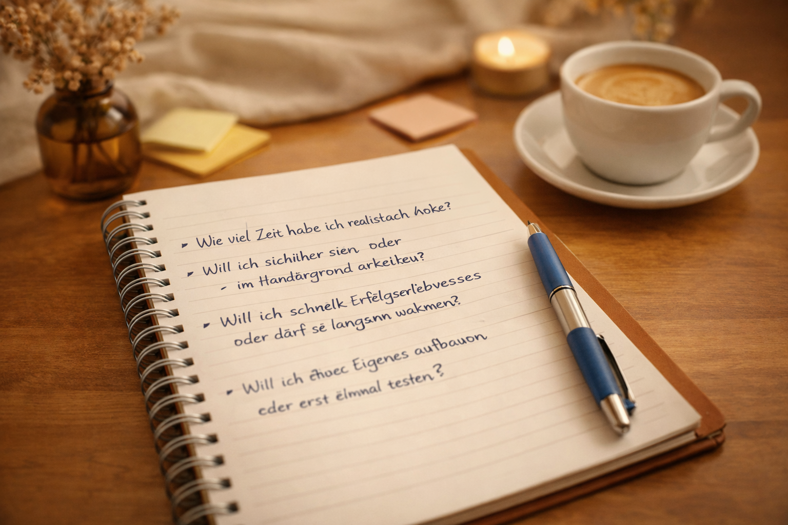 Notizbuch mit handgeschriebenen Fragen zur Planung eines Online-Business, neben Kaffee und Kerze, als ruhiger Moment der Klarheit beim Online Geld verdienen