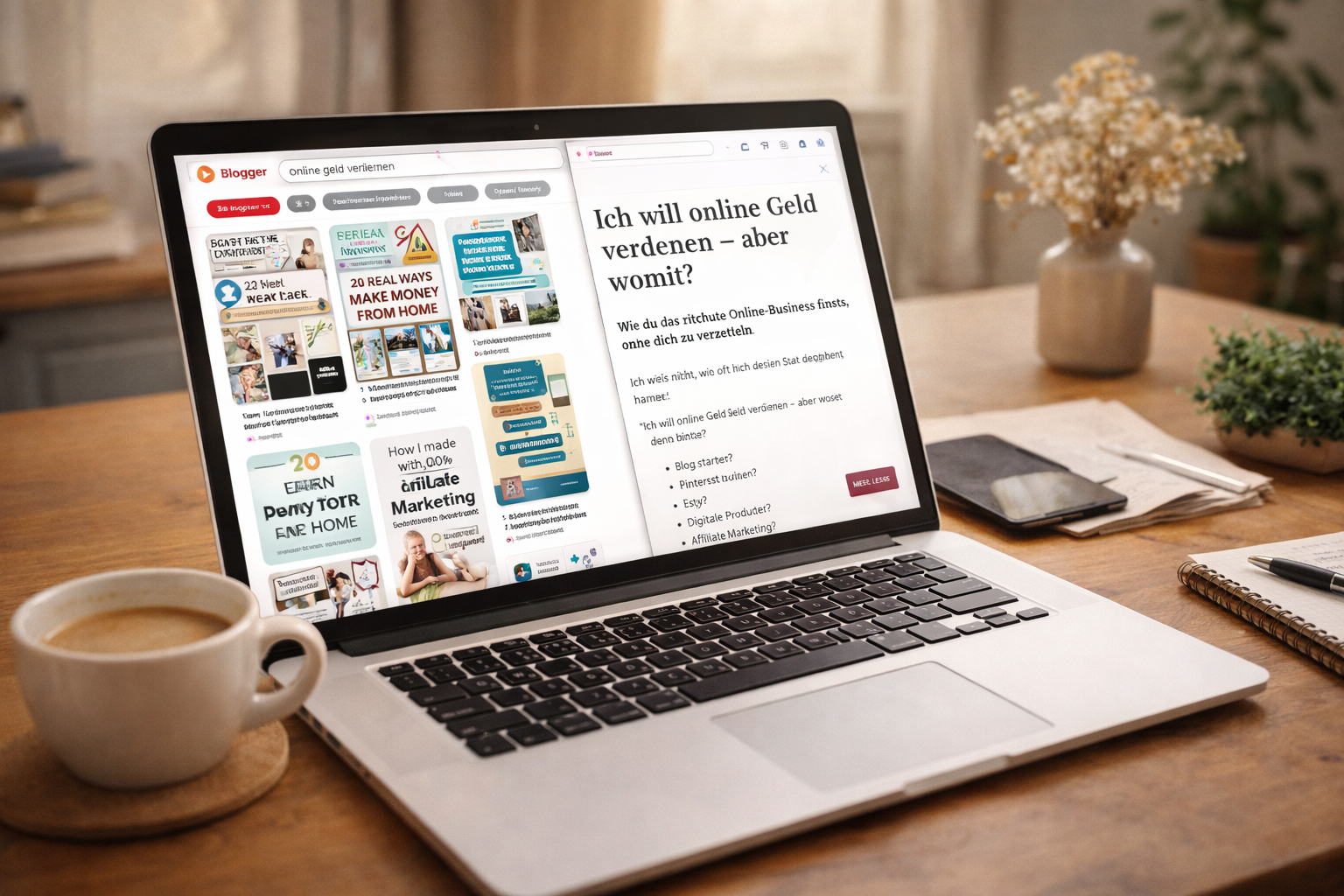 Laptop auf einem Schreibtisch mit geöffnetem Blogartikel „Ich will online Geld verdienen – aber womit?“, daneben Pinterest-Recherche und Notizen zum Aufbau eines Online-Business