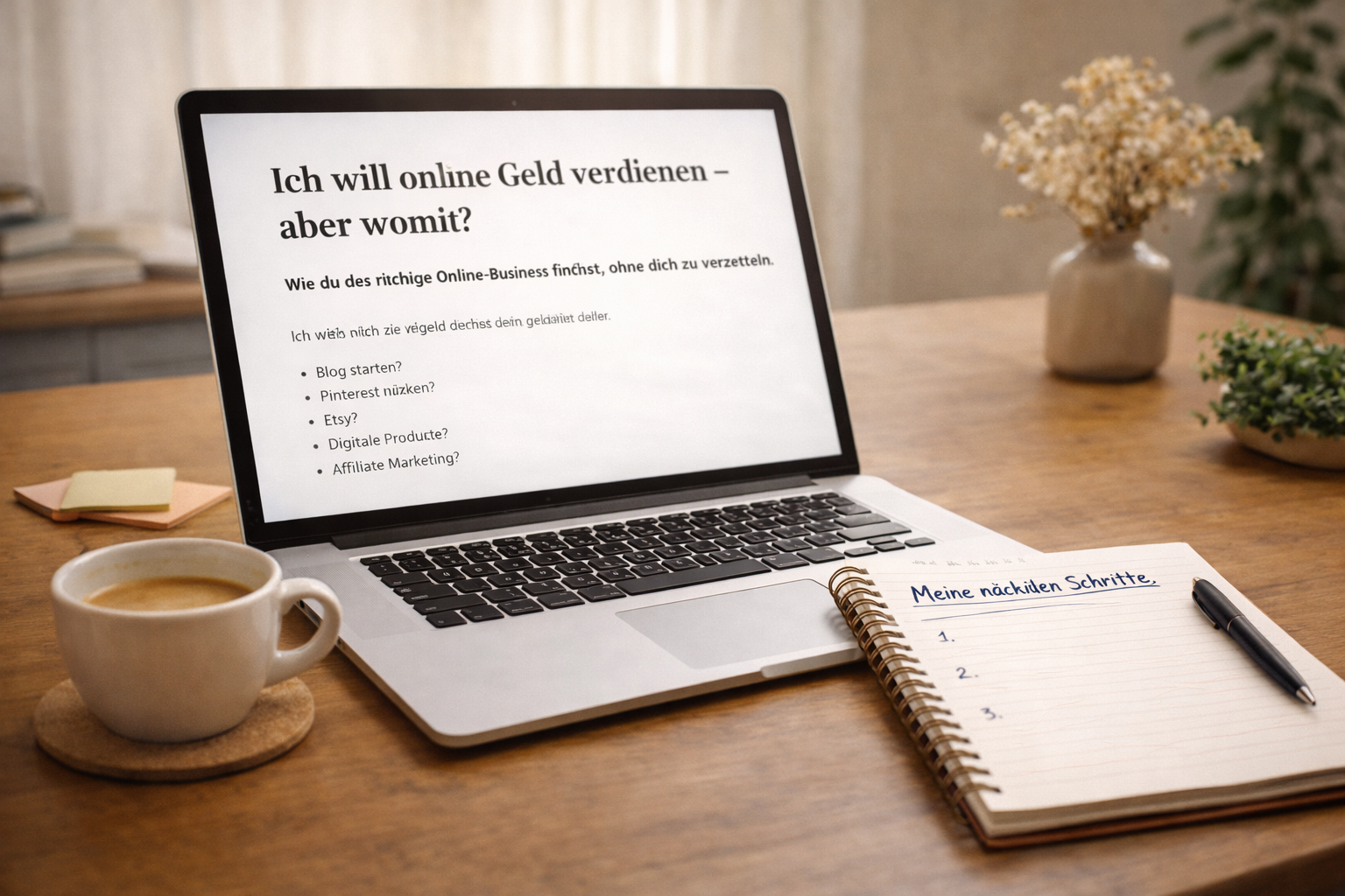 Laptop mit geöffnetem Blogartikel „Ich will online Geld verdienen – aber womit?“, daneben Notizbuch mit nächsten Schritten und Kaffee als strukturierter Start ins Online-Business