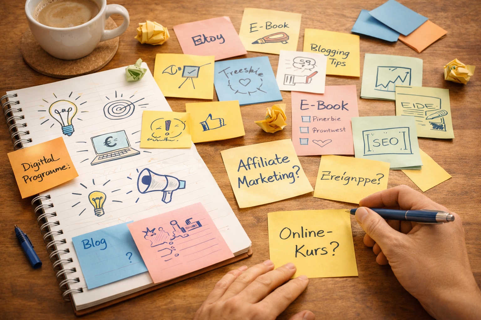 Schreibtisch mit Notizbuch, Skizzen und Haftnotizen zu Online-Business-Ideen wie Blog, E-Book, Affiliate Marketing, Online-Kurs und Pinterest beim Planen von Online Geld verdienen