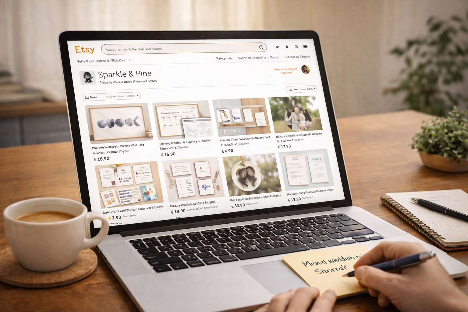 Laptop mit geöffnetem Etsy-Shop für digitale Produkte, während Notizen zum Online Geld verdienen und zur Planung eines Etsy-Business gemacht werden