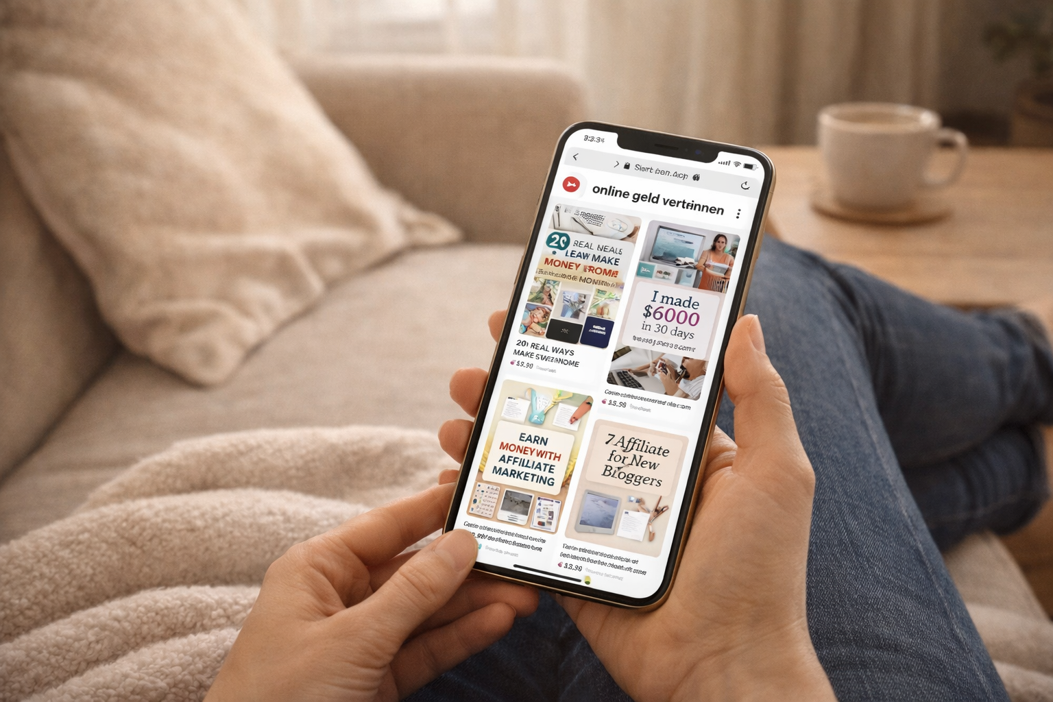 Person hält ein Smartphone mit Pinterest-Suchergebnissen zum Thema Online Geld verdienen, Affiliate Marketing und Bloggen als entspannter Einstieg ins Online-Business