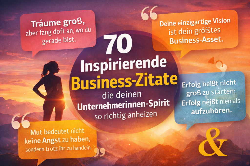 Beitragsbild mit Sonnenuntergang und Silhouette einer Frau sowie dem Text „70 inspirierende Business-Zitate“, symbolisiert Motivation, Unternehmerinnen-Spirit und Online-Business-Aufbau