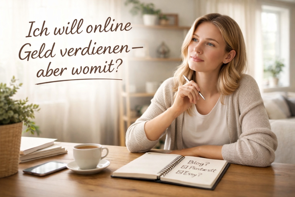 Frau sitzt nachdenklich am Schreibtisch mit Notizbuch und der Frage „Ich will online Geld verdienen – aber womit?“, symbolisiert Entscheidungsfindung beim Start ins Online-Business