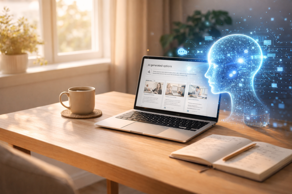 Laptop auf Schreibtisch mit KI-Visualisierung eines digitalen Kopfes, symbolisiert den Einsatz von Künstlicher Intelligenz beim Aufbau eines Online-Business und beim Online Geld verdienen